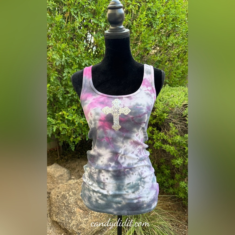 New Candy Did It! Black Haze & Silver Cross  Tie Dye Tank Top Size Large